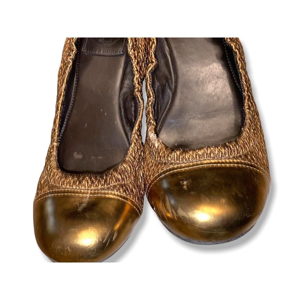 Tory Burch Anne Marie Leather Quilted Metallic Ballet Flats Bronze Size 7 - Picture 2 of 8